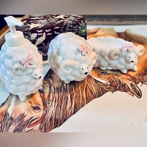 Adorable Antique Sheep Bath Set - White and Pink made in Japan for Neiman Marcus
